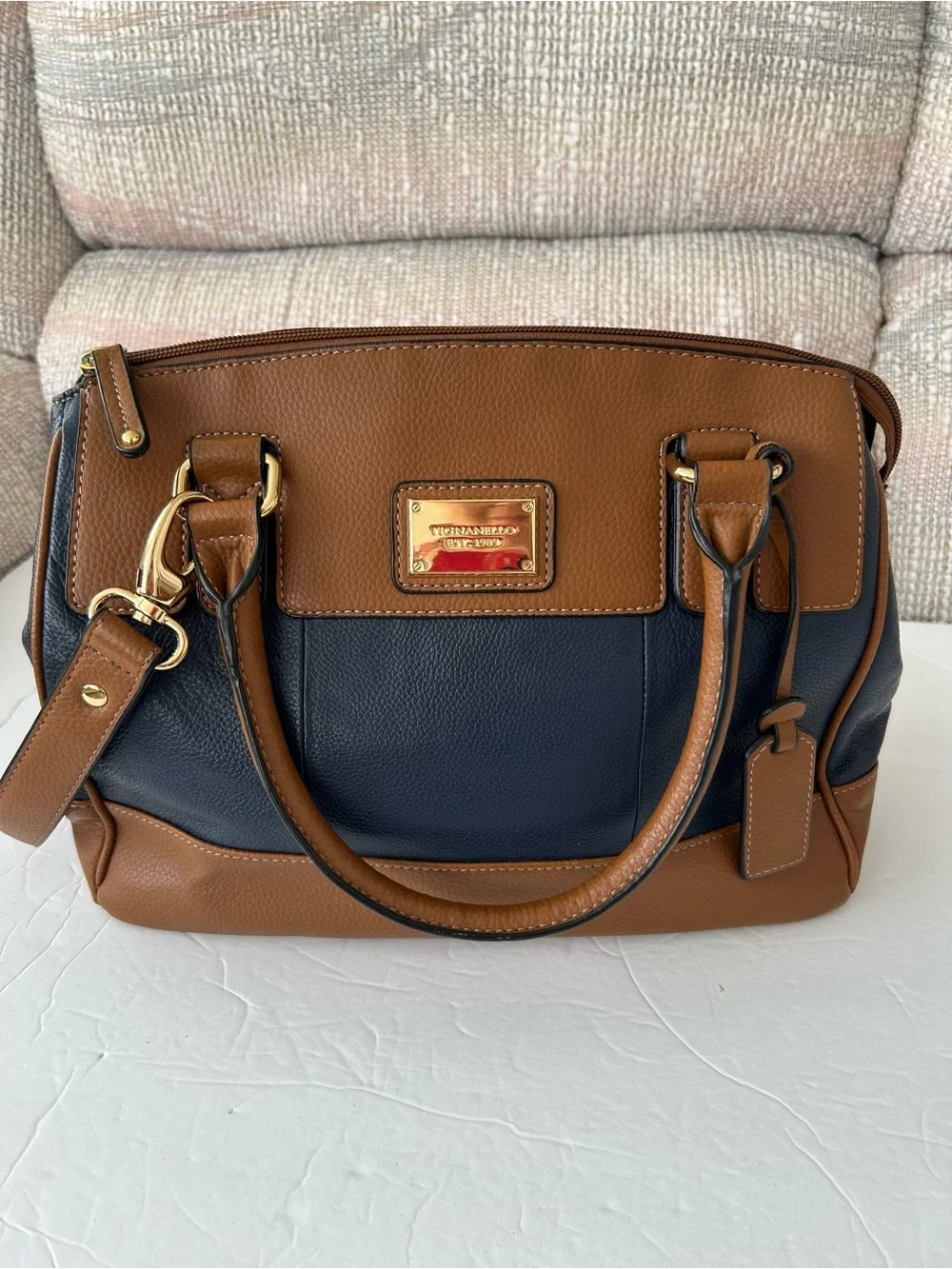 Tignanello Est. 1989 Brown Navy Leather Handbag Plus Shoulder Bag Gold Hardwar